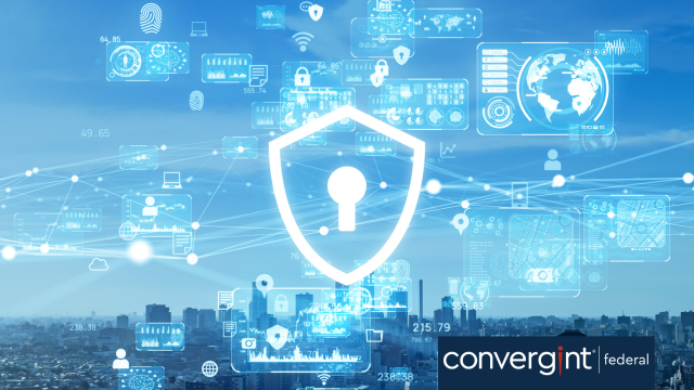 Illustration of digital lock icons connecting multiple locations in the sky over a city