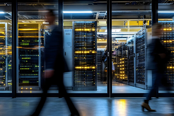 Blurred workers walking through a data center.