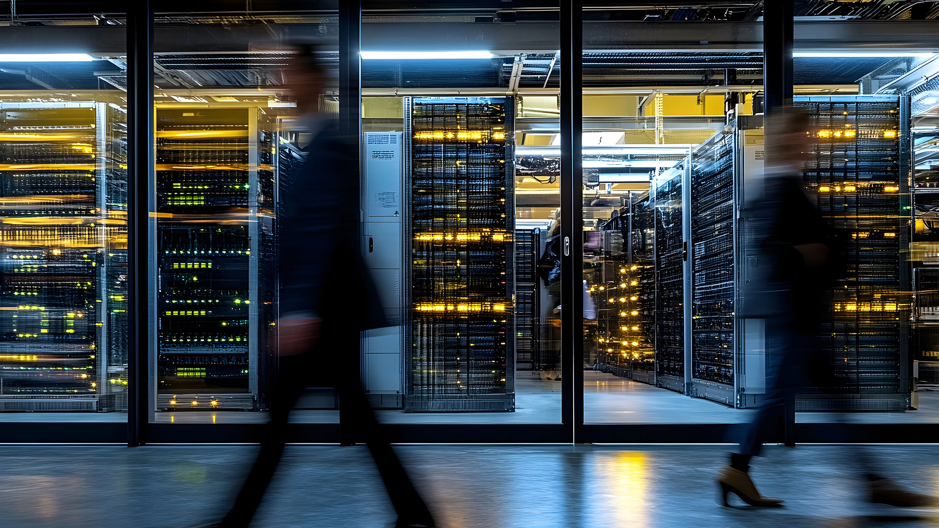Blurred workers walking through a data center.