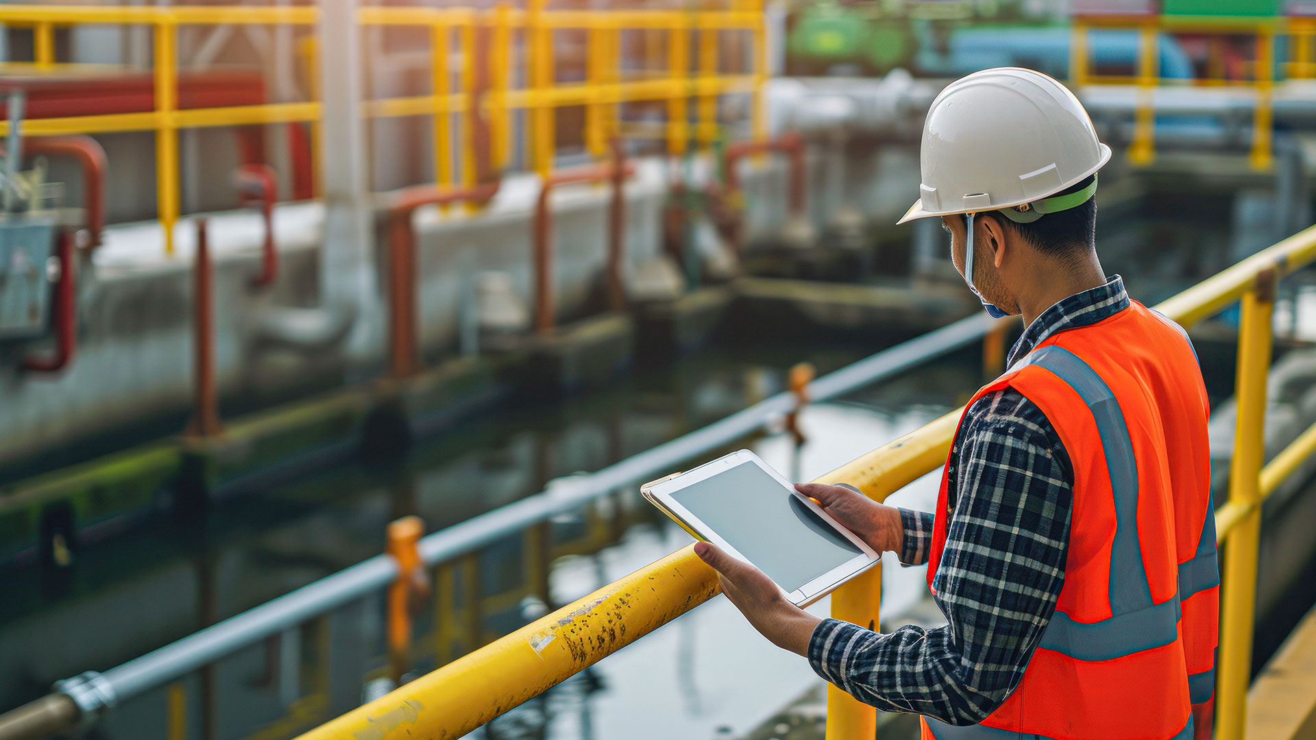 Man in hard hat with ipad at job site