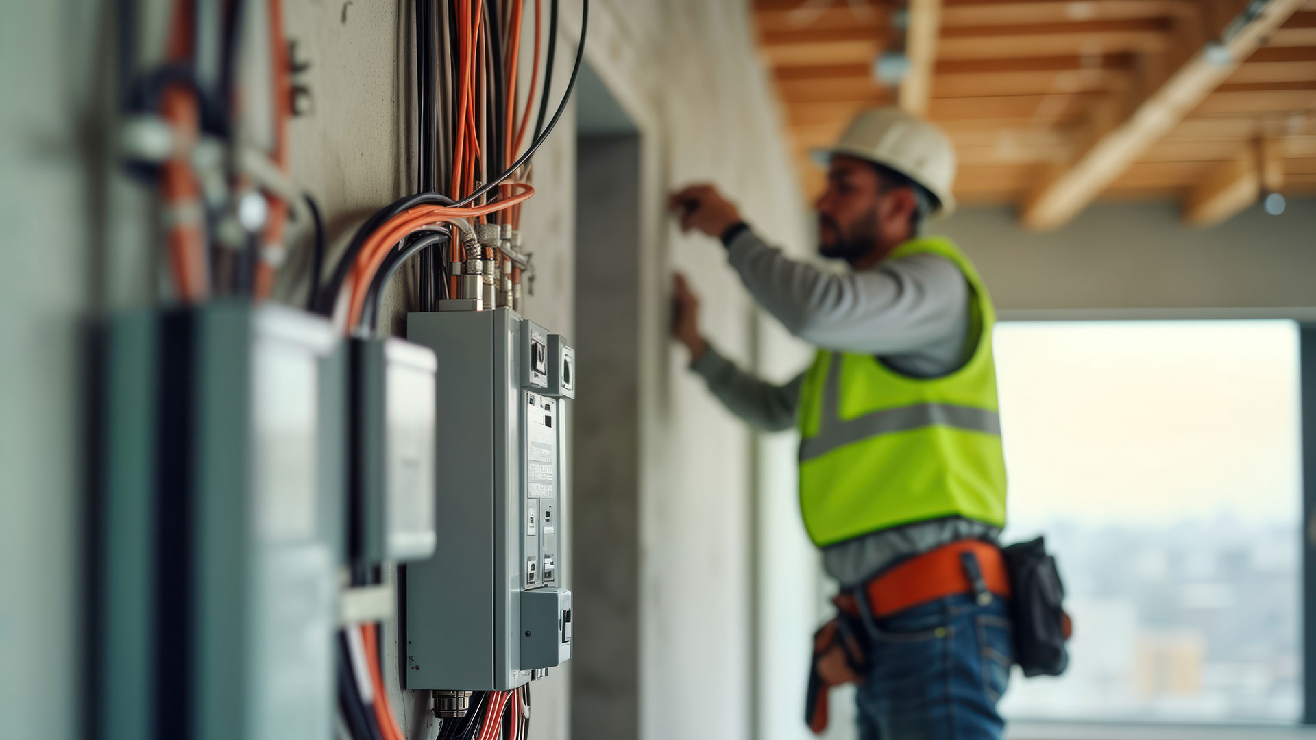 Installer in a yellow vest working around a power box
