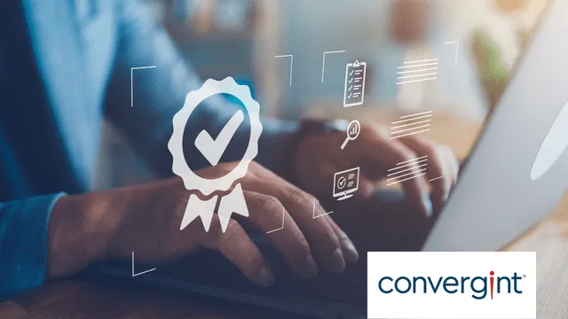 Hands typing on a laptop with an illustration including certification icons