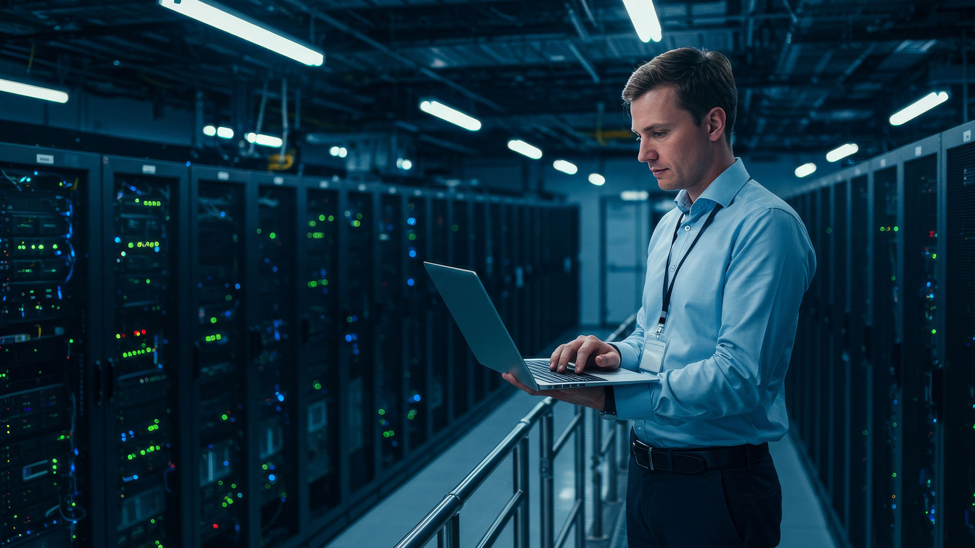Man on laptop in server room