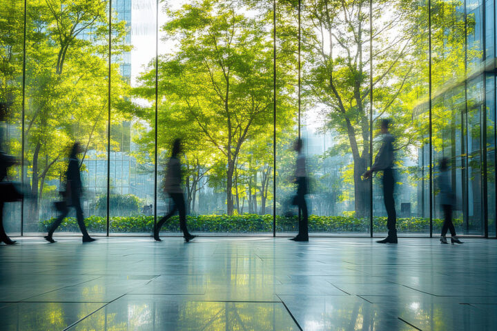 blurred people walking through a foyer.