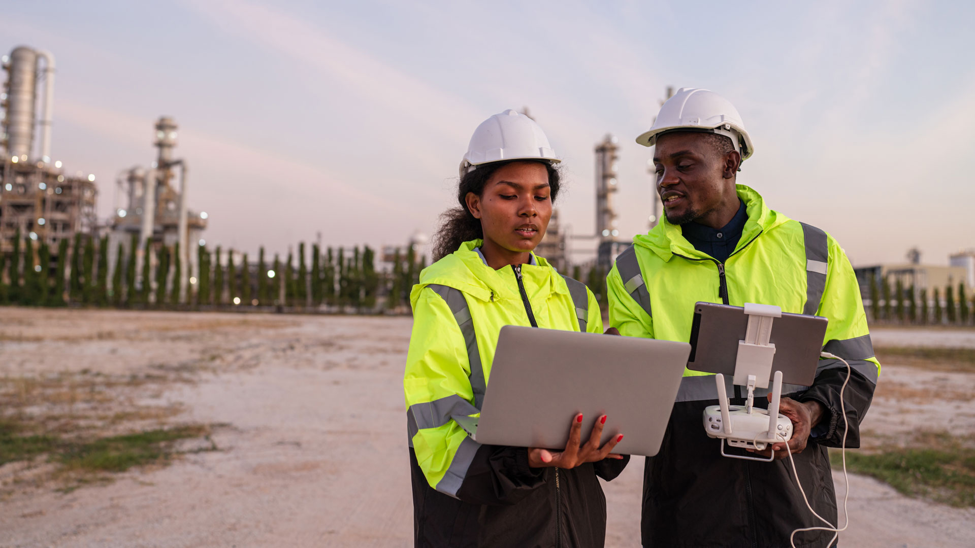 Engineer Specialists Pilot Drone on Construction Site.