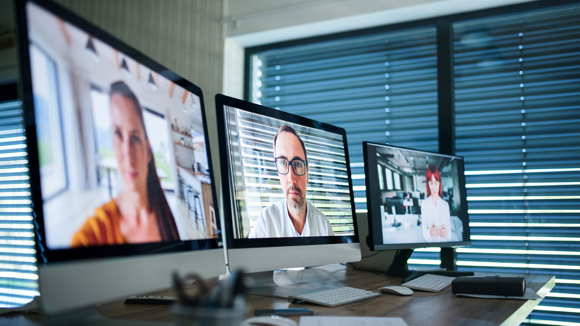 Desk With Computers In Office Interior, Business Call Concept.