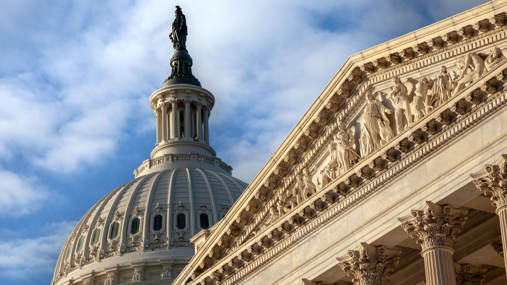 U.S. Capitol closeup of base relief and dome with Liberty statue