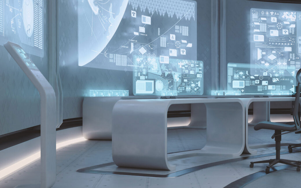 a white, futuristic montior room with holographic computer screens and giant holographic wall screens of different data systems
