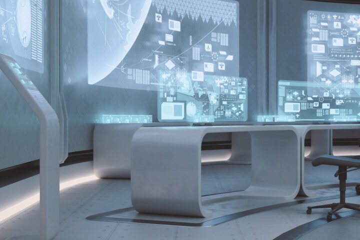 a white, futuristic montior room with holographic computer screens and giant holographic wall screens of different data systems