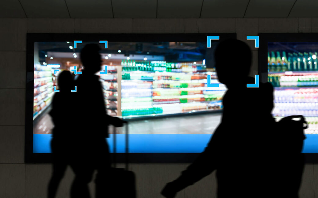 silhouettes of pedestrians walking by large screens of a grocery store, with blue squares tracking their heads