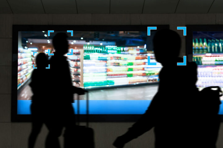 silhouettes of pedestrians walking by large screens of a grocery store, with blue squares tracking their heads