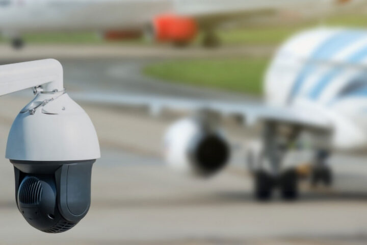 an exterior security camera at an airport